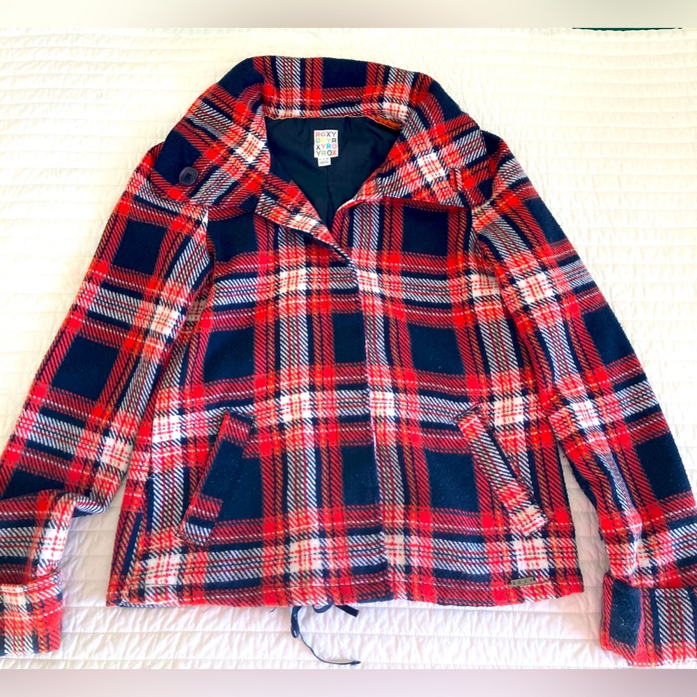 ROXY Vintage-esque Plaid Wool-Blend Flannel Coat S Button Front Red Navy White